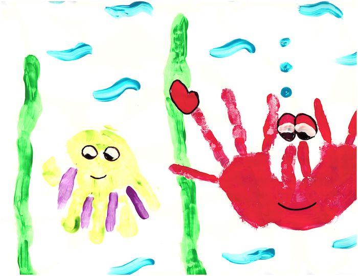 målningsaktivitet 3 år gammal idé handavtryck ritning havsbotten exempel DIY för småbarn original