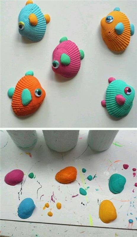 kresba nápadu na mušle na výrobu farebných rýb, ľahký nápad pre domácich majstrov pre deti, krútiace sa oči