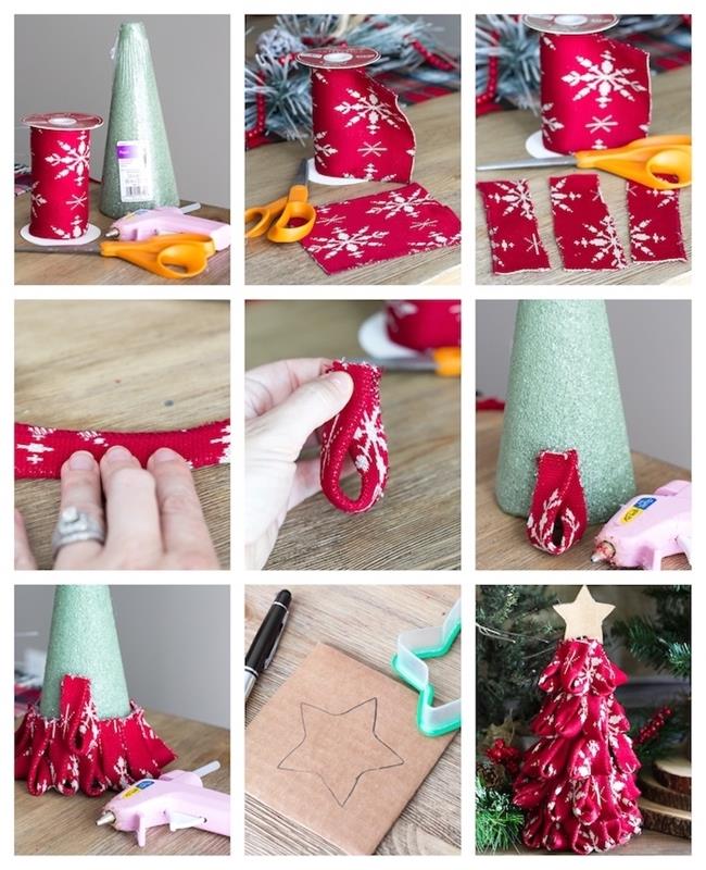 originálna predstava zeleného vianočného stromčeka ozdobeného červenými látkovými pásmi so vzormi snehových vločiek, vyrobte si originálnu vianočnú ozdobu