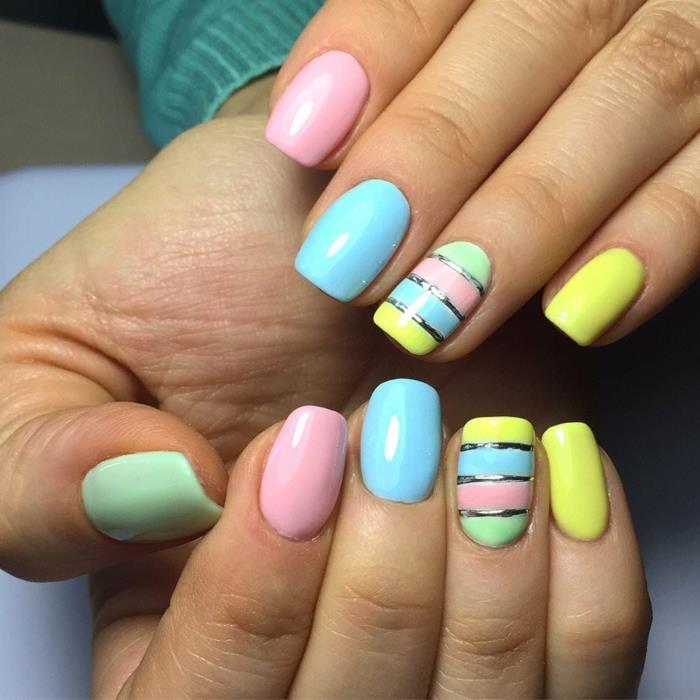 färgblock manikyr med rem, pastell och mjuka färger, sommar naglar i rosa, gult, grönt