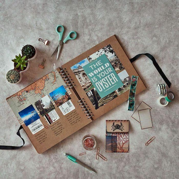 Gör-det-själv-häfte med pappssidor och ett band för dekorativt omslag och stängning, billig scrapbookingidé, scrapbookingalbum att återskapa, kreativa hobbyer