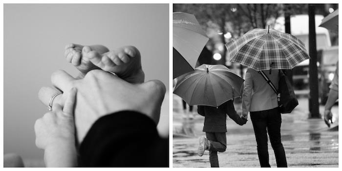 Umelecká čiernobiela fotografia, fotografia rúk dieťaťa a matky a fotografia v daždi, matka a dieťa kráčajú so svojimi dáždnikmi, šťastný deň matiek