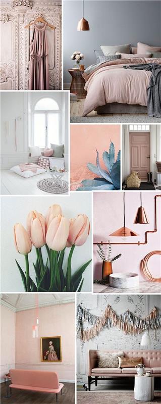 Prášková ružová farba ružová a biela dekorácia spálne bytová schéma farieb spálňa moodboard trendy v spálni rada