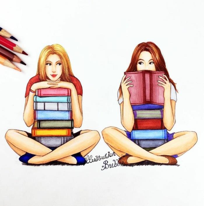 Två vänner som älskar att läsa tillsammans söt teckning rita två tjejer färgglada ritningar