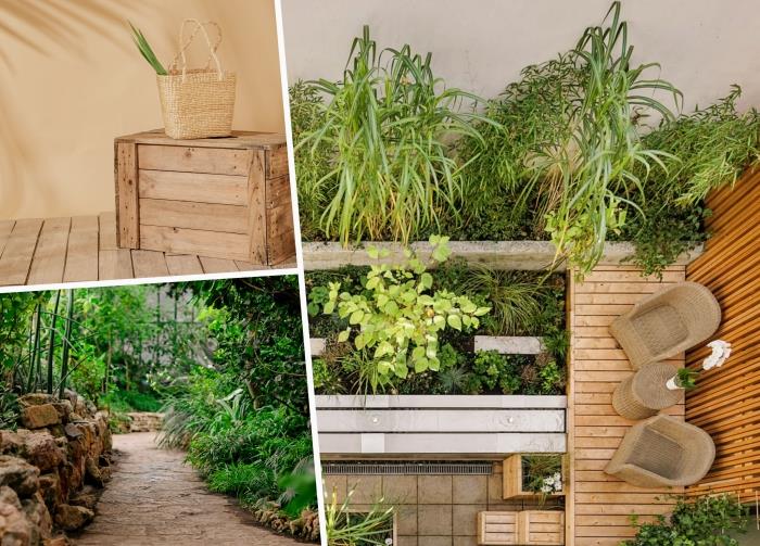 nápad na usporiadanie záhrady na rôznych úrovniach, kamenná záhradná cesta, malá drevená terasa s tkaným nábytkom