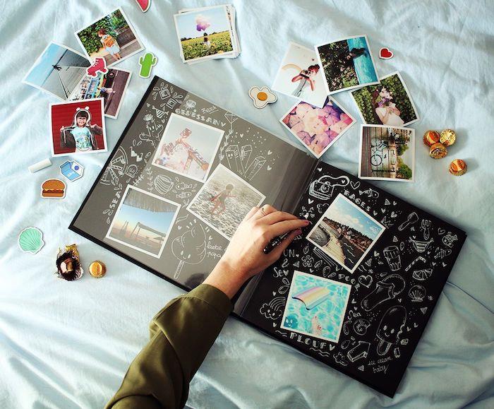 Självhäftande svarta sidor, vit teckning på svart papper, scrapbooking bok, scrapbooking album, hur man organiserar för att göra en vacker scrapbook stil fotoalbum sida