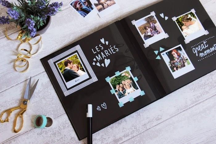 Bröllopsbyxor, original bröllopsalbum, scrapbookingbok, scrapbookingalbum, hur man organiserar det, svart papper och polaroidfoton