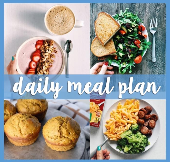 Esempio dieta equilibrata e un foto collage con idee pranzo in piatti