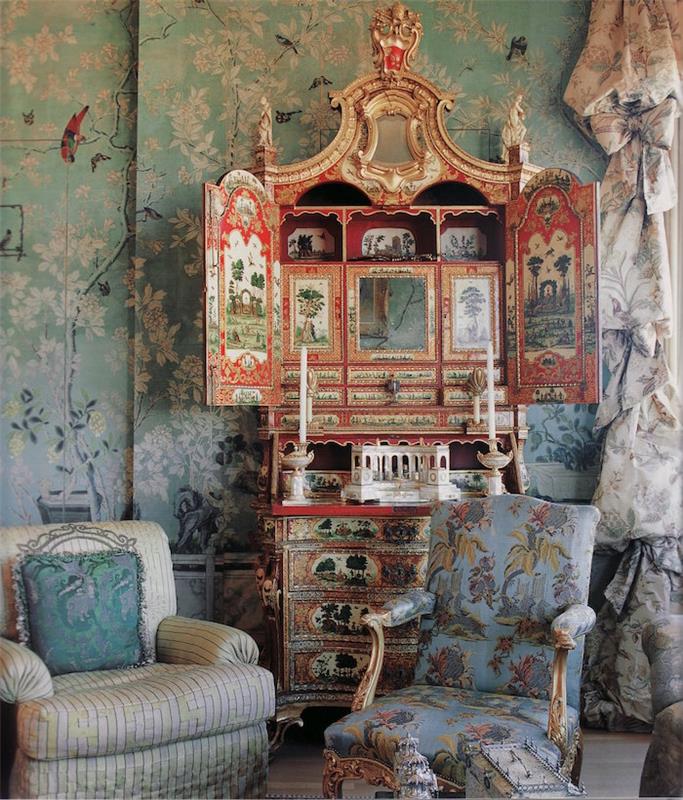 antika möbler för asiatisk etnisk inredning, exotisk retro dekoration med gammal kinesisk byrå