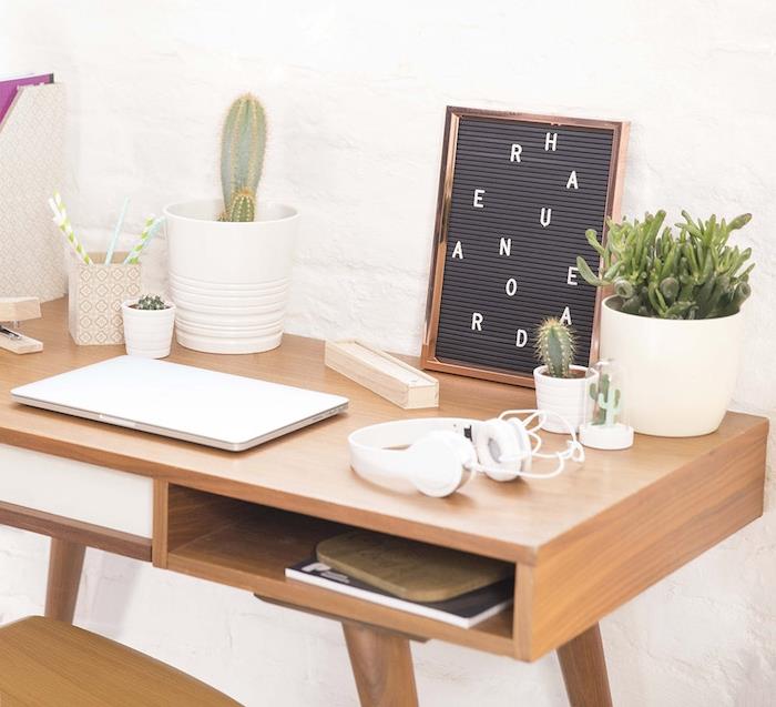Nápad na dekoráciu zeleného kancelárskeho rohu s kaktusmi a sukulentmi rôznych veľkostí zasadenými do bielych kvetináčov, dreveného stola a stoličky