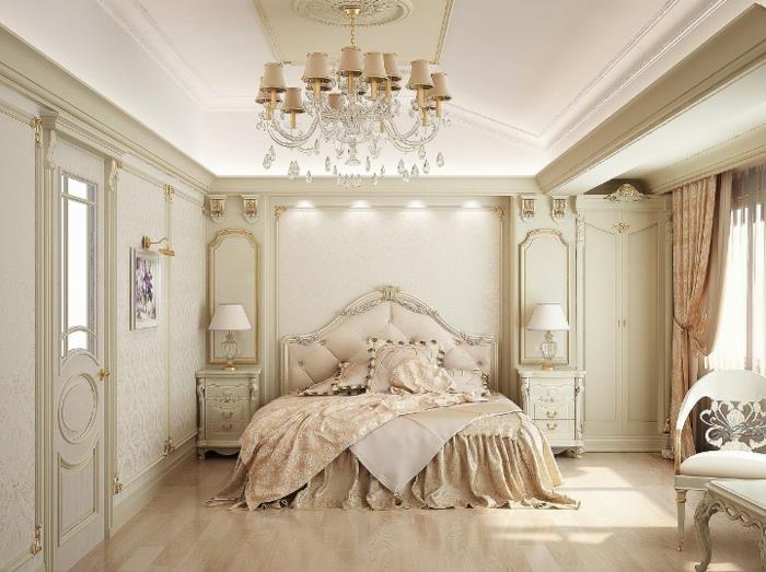 elegant lantlig inredning, stort fönster, sänglinne av linne, gyllene spegel, vit stol, ljus träparkett