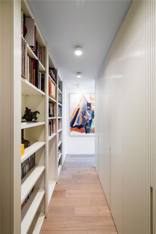dekoration lång och smal korridor med ett bibliotek anordnat längs väggen, arrangemang av en funktionell smal korridor, vit färgfärgad vägg i korridoren omvandlad till ett bibliotek