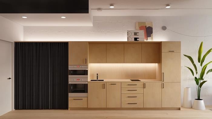 vytvorte modernú kuchyňu v súčasnom štýle a elegantnom dizajne s drevenými skrinkami a bielou farbou na stenu
