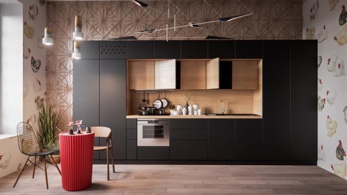 ako vytvoriť dlhú kuchyňu, súčasný trendový model kuchyne s čiernym nábytkom a dreveným splashbackom