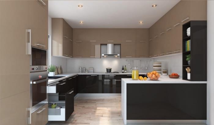 kuchynský dekor v neutrálnych farbách a dreve, príklad kuchyne v tvare G, kuchynský nábytok v čiernej farbe
