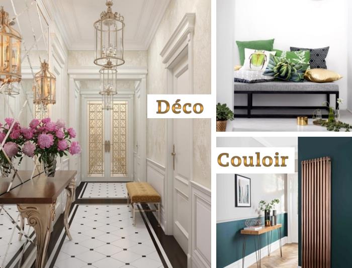 výzdoba chodby v trendových farbách 2018, béžový a zlatý interiér s dreveným nábytkom, biely a čierny vzor obkladu