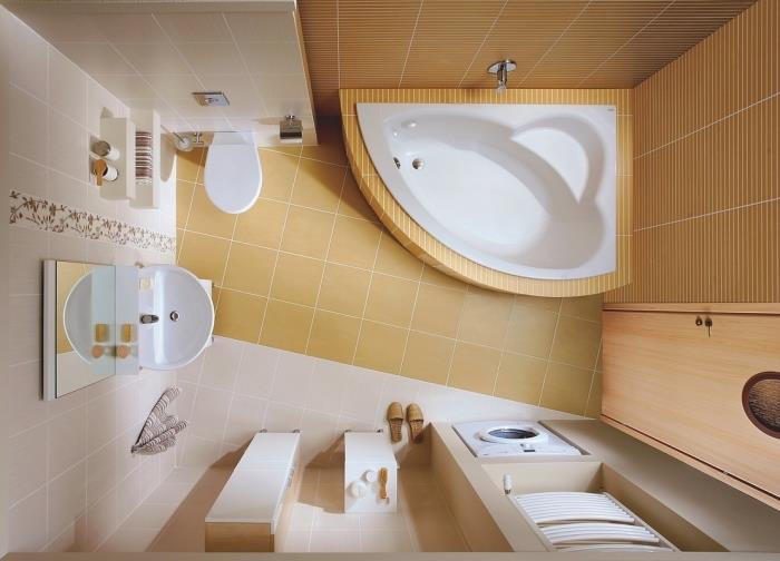 hur man ordnar ett 3m2 badrum med ett litet hörnbadkar, förvaring av badrumstillbehör vid badkarets kant