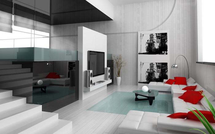 moderný podkrovný dizajnový nábytok do obývačky a biele steny súčasný priestor