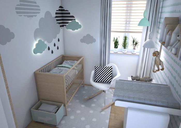 aké farby spájať so škandinávskou výzdobou detskej izby, malou miestnosťou so zdobením steny v 3D oblakoch a nábytkom zo svetlého dreva