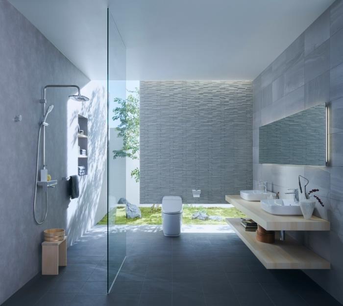 nápad na priestrannú výzdobu kúpeľne so sprchovacím kútom, súčasný dizajn kúpeľne v neutrálnych bielych a sivých farbách