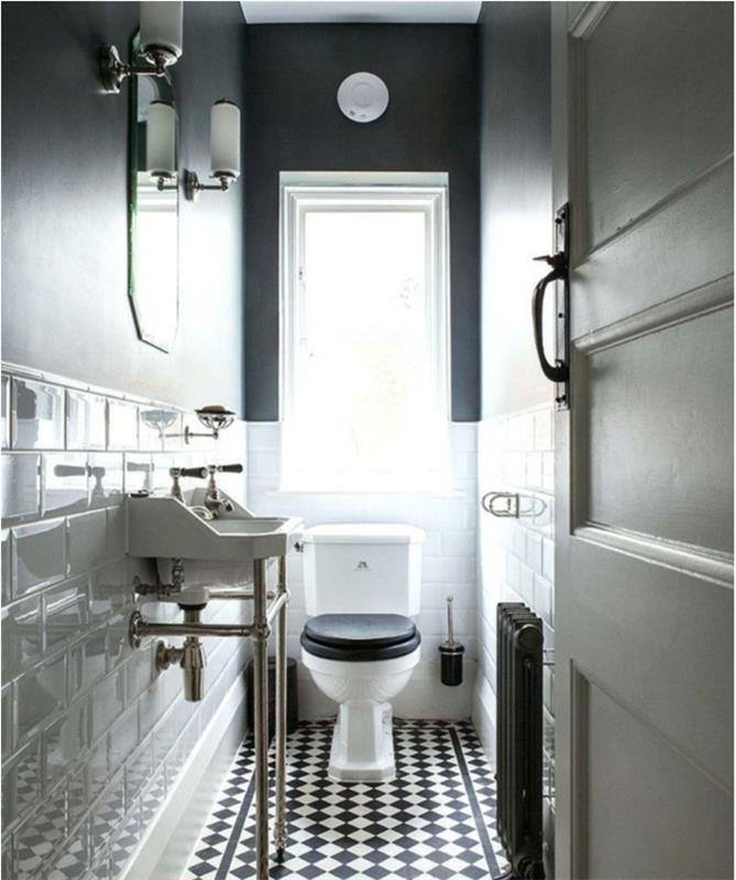 čiernobiela podlaha toalety, biela dlažba, sivá stena, biele umývadlo, elegantná dekorácia toalety