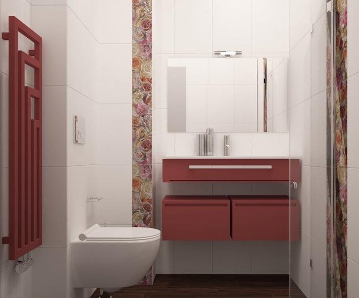 moderná biela a červená myšlienka dekorácie kúpeľne so závesnou toaletnou sprchou a umývadlom