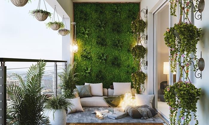 landskapsarkitektur vertikal trädgård exteriör design modern stil deco mysiga balkong hängande krukor