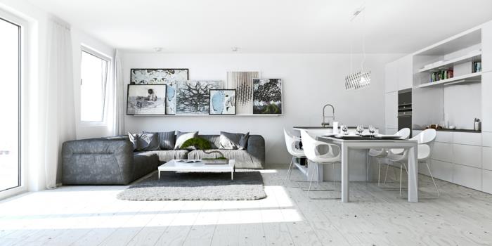 malá priestorová rohová sedačka-biela-plachty-sivá-koberec-maľovaná-kuchyňa