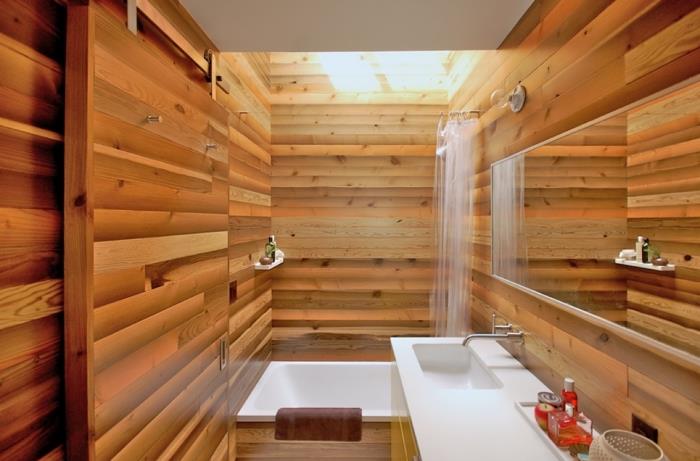 ako zariadiť drevenú kúpeľňu v ázijskom štýle, japonský model kúpeľne pre malý priestor so sprchou