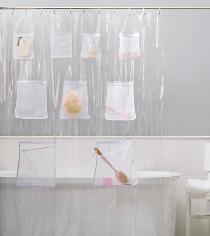 fristående badkar badrum layout tips förvaring duschdraperi med fickor
