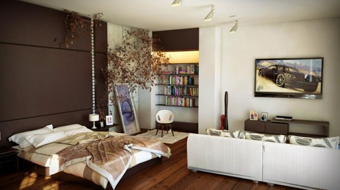 nábytok-malý-apartmán-knižnica-knihy-manželská posteľ-modulárna pohovka
