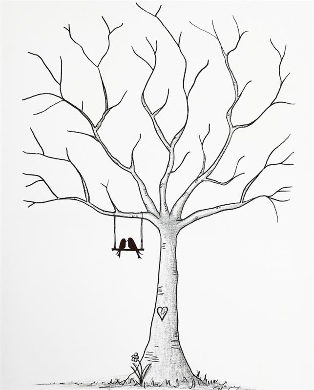 نقش مع شجرة بصمات للطباعة لتزيين الزفاف ، رسم شجرة بدون أوراق بأرجوحة صغيرة وزوجين في الحب
