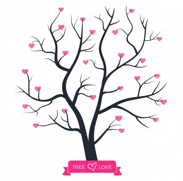 رسم سهل مع شجرة فارغة وقلوب وردية صغيرة على الفروع ، علامة الحب الحقيقي على رسم الحب