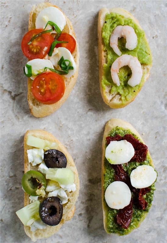štyri spôsoby, ako rýchlo a jednoducho pripraviť predjedlo, paradajkový mozzarella toast, guacamole a krevety, bruschetta, pesto a sušený paradajkový predjedlo