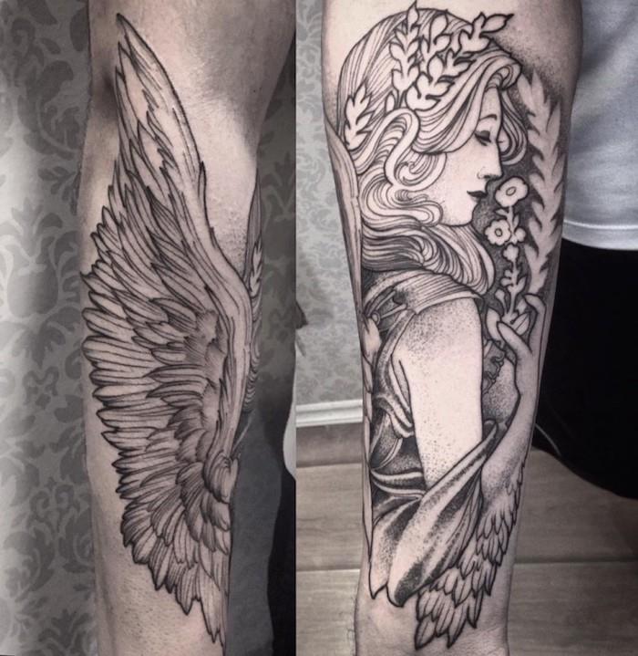 ängelkvinna tatuerad på armen, idé ängelkvinna med vingar och en krona av trädgrenar