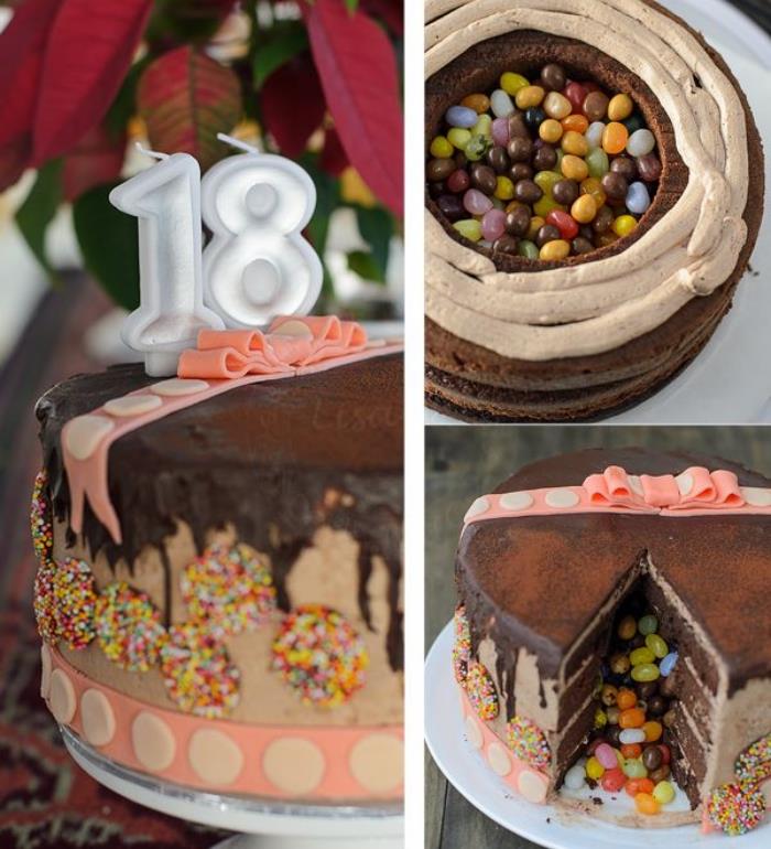choklad pinata tårta för att fira sin 18 -årsdag fylld med gummy godis, med chokladglasyr dekorerad med ett sockerpastband
