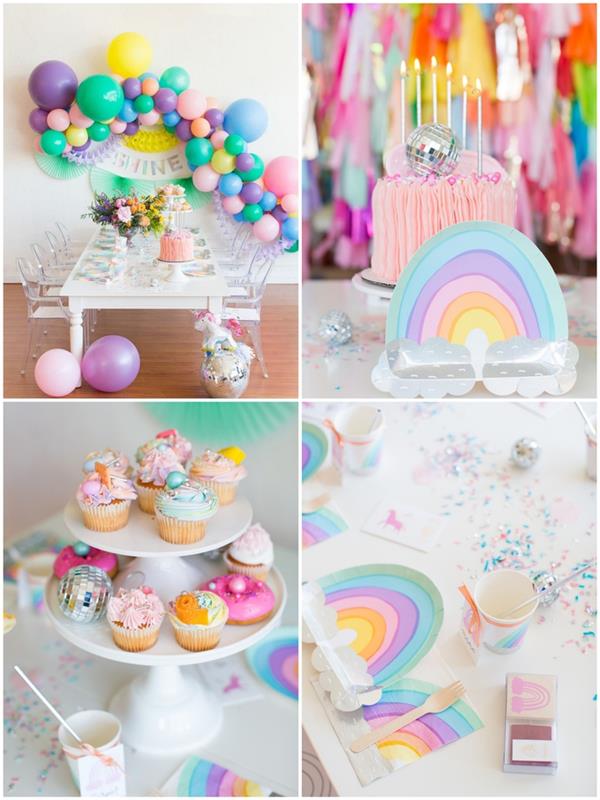 enhörningsfödelsedag med pastell och mångfärgad dekoration av festbordet och den söta buffén