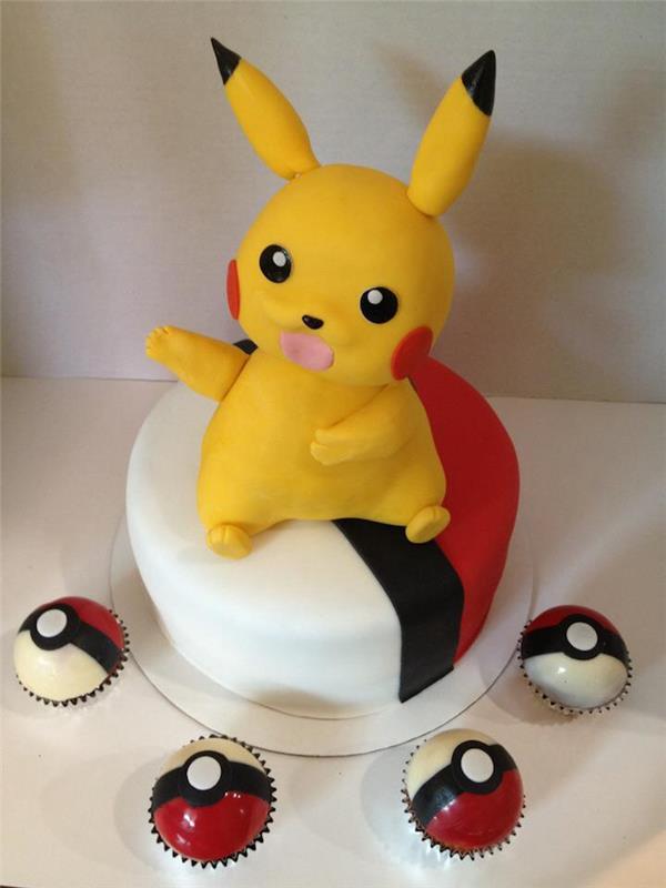 dekorácia pokemonovej torty, roztomilý pikachu, muffiny pokeball, červený marcipán, 3D figúrka pikachu