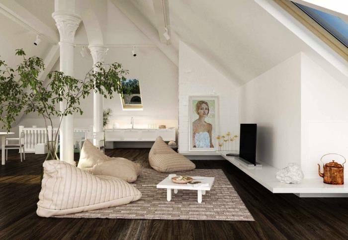 minimalistiska låga möbler för att skapa ett lutande utrymme, rymligt vindloft med ett hörn-TV-skåp