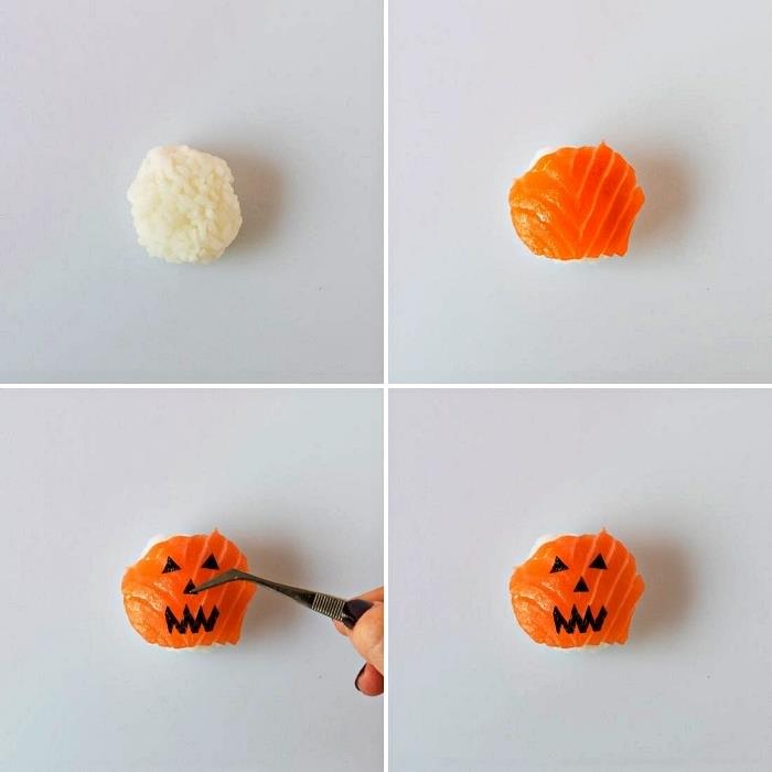 krok za krokom, ako urobiť halloween sushi s lososom strašidelné tekvice, originálny nápad na slaný halloween recept