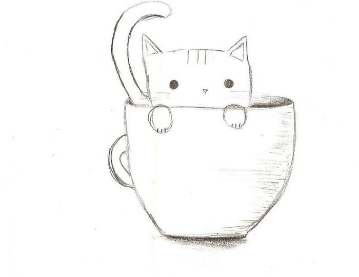 enkel kattritningsmall för nybörjare, lär dig att rita en liten katt i en stor kaffekopp