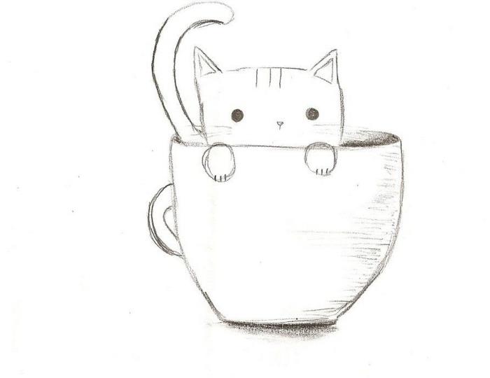 enkel kattritningsmall för nybörjare, lär dig att rita en liten katt i en stor kaffekopp