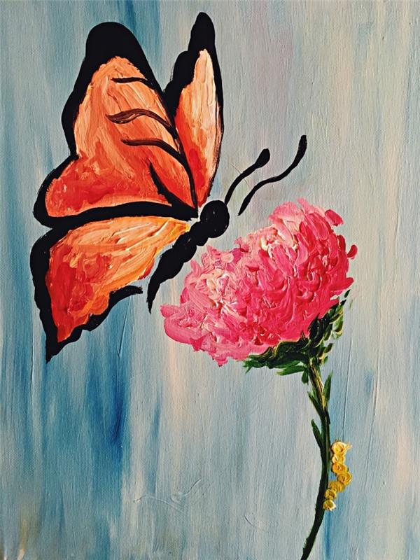 lätt att uppnå akrylmålningstavla idé för nybörjare, akrylmålning av fjäril och blomma på en himmelblå bakgrund