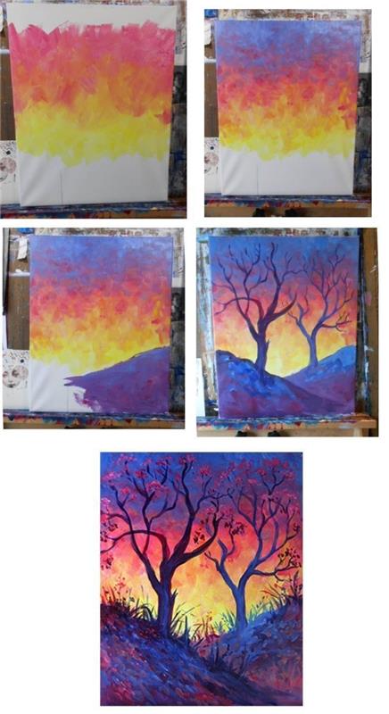 naturligt akvarell landskap som visar ett träd och en vacker solnedgångshimmel