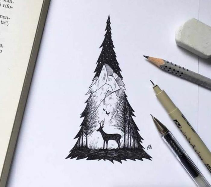 شجرة جميلة سهلة لرسم شجرة رسم سهلة لرسم صورة ظلية شجرة عيد الميلاد رسم المناظر الطبيعية في صورة ظلية شجرة.