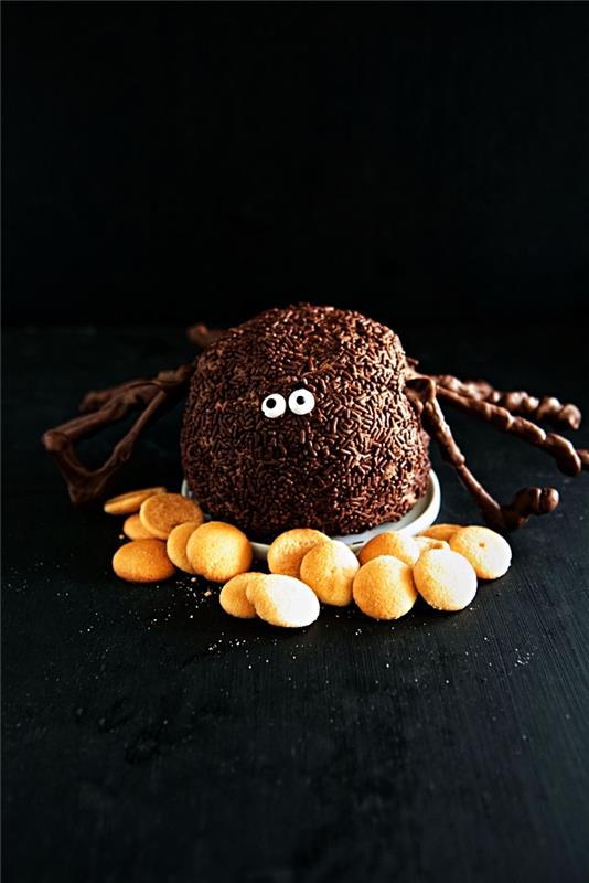 ľahký a originálny halloweensky dezert, tvarohový koláč v tvare pavúka podávaný s malými sušienkami