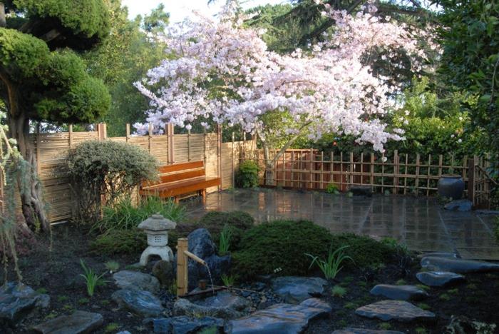 حديقة زين ، مقعد ، أحجار زخرفية ، فانوس ياباني ، سياج من الخيزران ، شجرة مزهرة