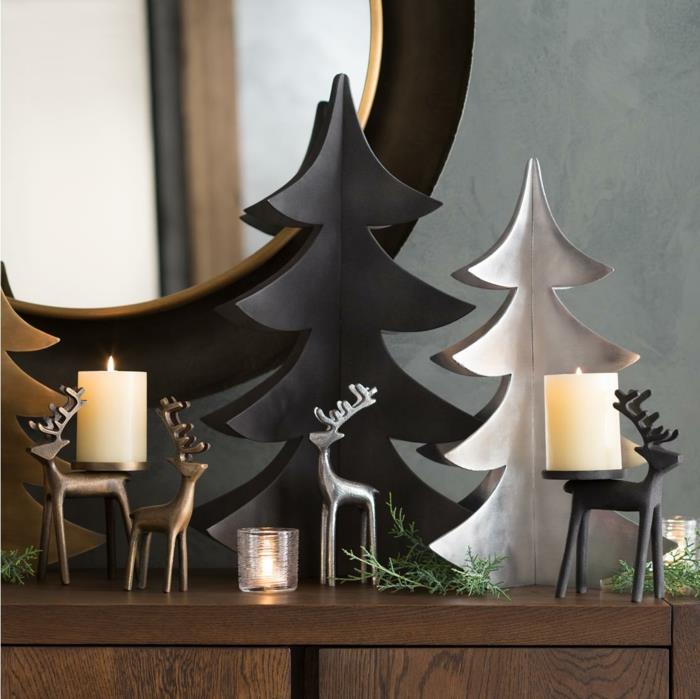 kartónové vianočné stromčeky, veľké okrúhle zrkadlo, kartónové stromčeky vyrobené pre domácich majstrov v bielej a čiernej farbe