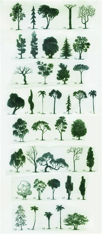 رسم أنواع مختلفة من أشجار الغابات أحادية اللون باللون الأخضر