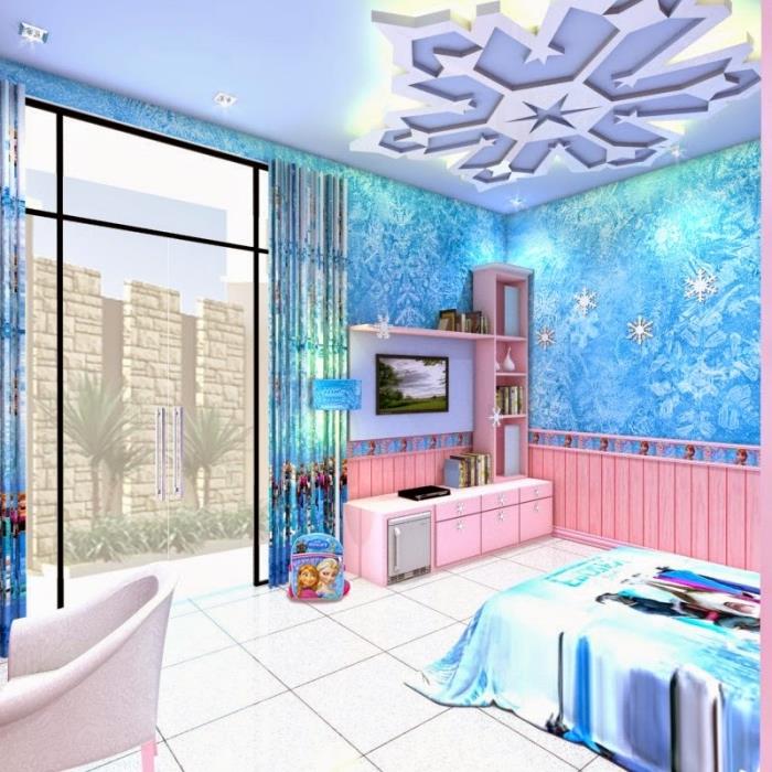 spálňa kráľovnej snehu, farba do detskej izby s modrými stenami a bielym stropom, biela dlažba